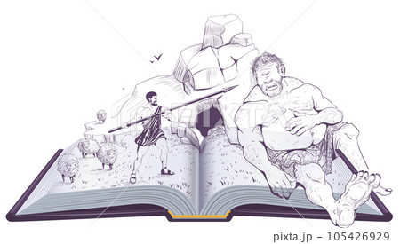 Odysseus spearing Cyclops legend and myth ancient greece ancient literature open book 105426929