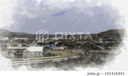 水彩画風　鴨方駅周辺市街地　岡山県浅口市 105426991