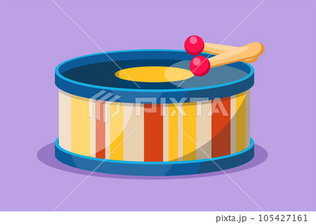 Cartoon flat style drawing drum toys with two sticks logo, icon, symbol. Musical instrument, drumbeat, drumming. Drum music stick baby toys. Series of children toys. Graphic design vector illustration 105427161