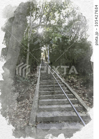 水彩画風　太老神社　参道　岡山県浅口市 105427684