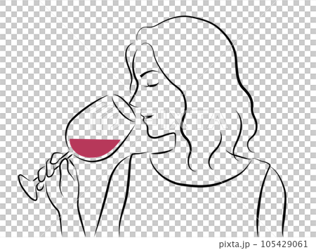 A line drawing of a woman holding a wine glass 105429061