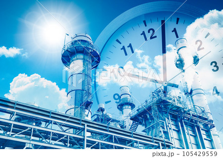 Fossil fuel power plant overlay times clock blue sky for countdown  climate clock fuel run out off the world concept 105429559