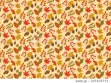 秋の葉っぱと木の実の シームレスパターン 背景/黄色 105429733