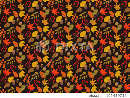 秋の葉っぱと木の実の シームレスパターン 背景/黒 105429735