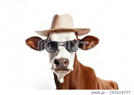 Mafia Cow or bullock farm wearing cowboy hat and sunglasses portrait looking at camera isolated on clear png background, funny moment, Farmland animals concept, with Generative Ai. 105429777