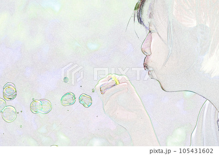 パステル調 ”しゃんぼ玉遊びする女性” イラストイメージ パステル調 ”しゃんぼ玉遊びする女性” イラストイメージ 105431602
