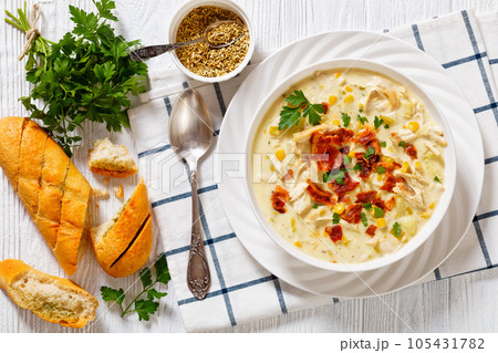 Chicken Corn Chowder in bowl, top view Chicken Corn Chowder in bowl, top view 105431782