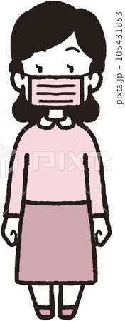正面を向いてピンクの不織布マスクをしている女性の全身イラスト 正面を向いてピンクの不織布マスクをしている女性の全身イラスト 105431853