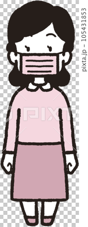 正面を向いてピンクの不織布マスクをしている女性の全身イラスト 正面を向いてピンクの不織布マスクをしている女性の全身イラスト 105431853