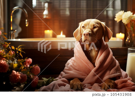 German shorthaired pointer relaxes in the spa. 105431908