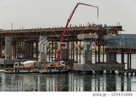 Build of new Nile river Bridge after Luxor in direction Assuan during boat cruise construction site Build of new Nile river Bridge after Luxor in direction Assuan during boat cruise construction site 105431986