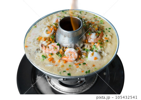 Top view of sea food steamed egg hot pot, focus selective Top view of sea food steamed egg hot pot, focus selective 105432541