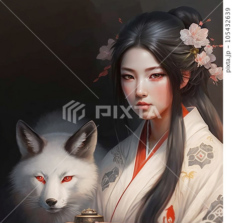 狐と着物女性のイラスト アート（AI生成画像） 105432639