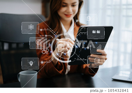 Woman using chatbot in computer and tablet smart intelligence Ai.Chat with AI Artificial Intelligence, developed by OpenAI generate. Futuristic technology, robot in online system. Woman using chatbot in computer and tablet smart intelligence Ai.Chat with AI Artificial Intelligence, developed by OpenAI generate. Futuristic technology, robot in online system. 105432841