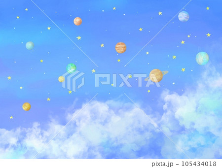 宇宙に浮かぶ太陽系惑星のかわいい水彩イラスト。 105434018