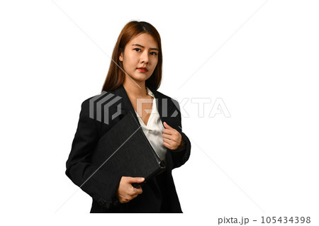 Confident businesswoman in formal clothing standing isolated over white background Confident businesswoman in formal clothing standing isolated over white background 105434398