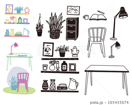 白黒、モノトーン、線画のイラスト:手書き、オシャレ、雑誌、ファッション、可愛い、インテリア、部屋 105435074