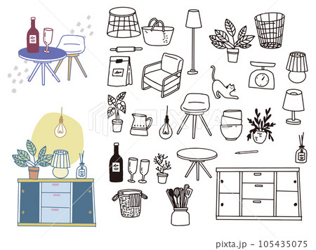 白黒、モノトーン、線画のイラスト:手書き、オシャレ、雑誌、ファッション、可愛い、インテリア、家具 105435075