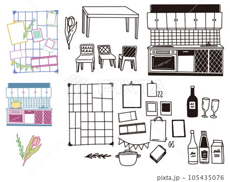 白黒、モノトーン、線画のイラスト:手書き、オシャレ、雑誌、ファッション、可愛い、インテリア、キッチン 105435076