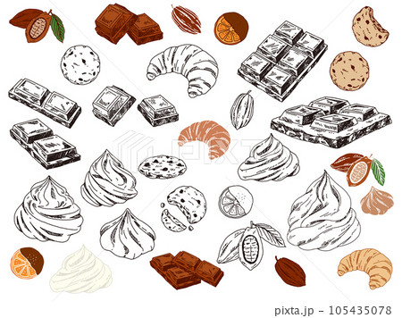 白黒、モノトーン、線画のイラスト:手書き、チョコレート、ホイップクリーム、クロワッサン、オレンジ 105435078