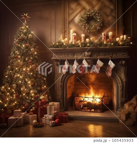 暖炉のある家のリビング　クリスマス 105435933