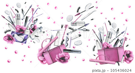 Pink cosmetic bag with anemone flowers and various decorative and skin care cosmetics. Watercolor illustration, hand drawn. Set of solated compositions on a white background 105436024