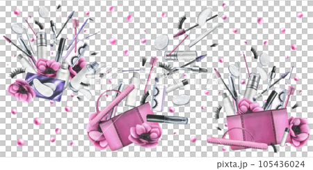 Pink cosmetic bag with anemone flowers and various decorative and skin care cosmetics. Watercolor illustration, hand drawn. Set of solated compositions on a white background 105436024