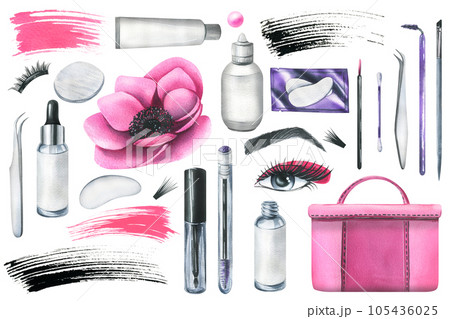 Cosmetics for the master of eyelash extension, a working tool for carrying out beauty procedures in the salon. Hand-drawn watercolor illustration. Set of isolated objects on a white background 105436025