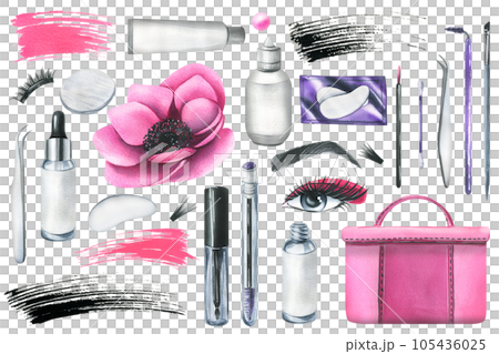 Cosmetics for the master of eyelash extension, a working tool for carrying out beauty procedures in the salon. Hand-drawn watercolor illustration. Set of isolated objects on a white background 105436025