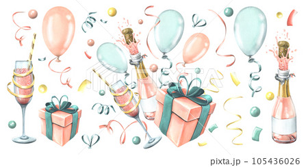 Gift box with a bottle and a glass of champagne, with balloons and confetti, in pink and blue. Watercolor illustration hand drawn. Set of isolated elements on a white bachground. 105436026