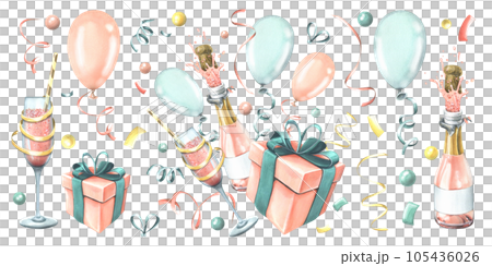 Gift box with a bottle and a glass of champagne, with balloons and confetti, in pink and blue. Watercolor illustration hand drawn. Set of isolated elements on a white bachground. 105436026