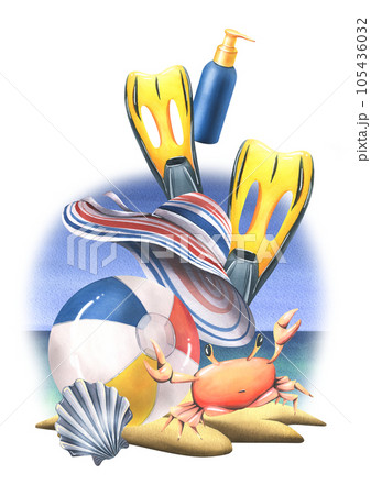 Inflatable ball with striped hat, crab, shell, flippers and sunscreen on a tropical island. Watercolor illustration, hand drawn. Isolated composition on a white background. 105436032