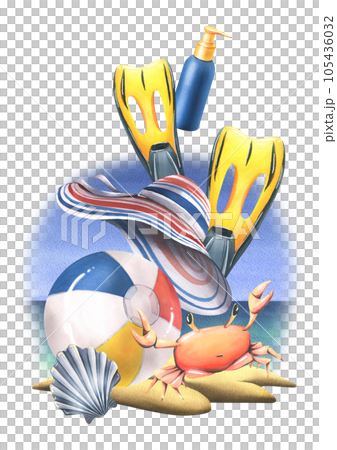Inflatable ball with striped hat, crab, shell, flippers and sunscreen on a tropical island. Watercolor illustration, hand drawn. Isolated composition on a white background. 105436032