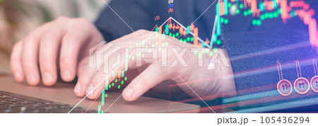 Technical price graph and indicator, red and green candlestick chart on blue theme screen, market volatility, up and down trend. Technical price graph and indicator, red and green candlestick chart on blue theme screen, market volatility, up and down trend. 105436294