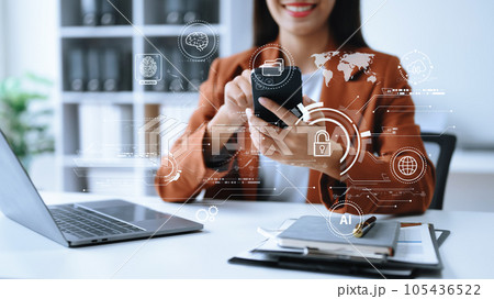 Network security. business using digital tablet and computer with digital padlock for data protection, internet technology networking and cyber security technology. 105436522