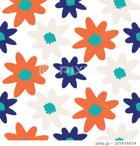 Bold red and blue flowers on white spring abstract seamless pattern. 105436654