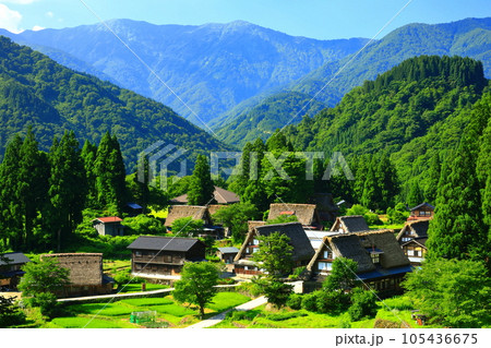 【富山県】新緑の五箇山相倉合掌集落の眺望 105436675