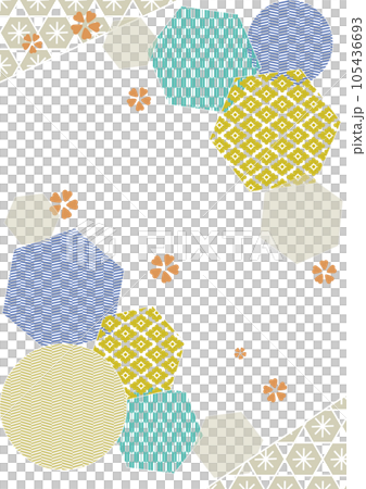 Vector illustration of a vertical New Year's card template with a green hemp leaf pattern on a blue Japanese pattern background Vector illustration of a vertical New Year's card template with a green hemp leaf pattern on a blue Japanese pattern background 105436693