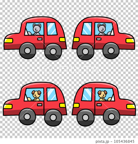 車で移動するわんまるとにゃんまるのイラストセット　犬　猫 105436845