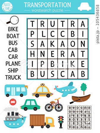Vector transportation wordsearch puzzle for kids. Simple word search quiz. Educational activity with plane, ship, car, bus, boat, bike, cab, truck. Cross word with city transport 105436858