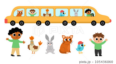 Vector yellow limousine car with passengers. Funny automobile for kids. Cute vehicle clip art with driver, hen, rabbit, cat, bird, boy. Retro transport icon with animals isolated on white background Vector yellow limousine car with passengers. Funny automobile for kids. Cute vehicle clip art with driver, hen, rabbit, cat, bird, boy. Retro transport icon with animals isolated on white background 105436860