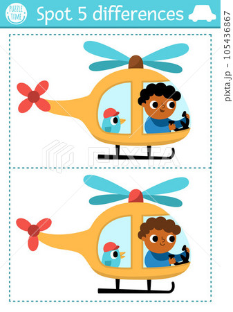 Find differences game for children. Transportation educational activity with helicopter with pilot flying in the sky. Cute puzzle for kids with funny transport. Printable worksheet 105436867