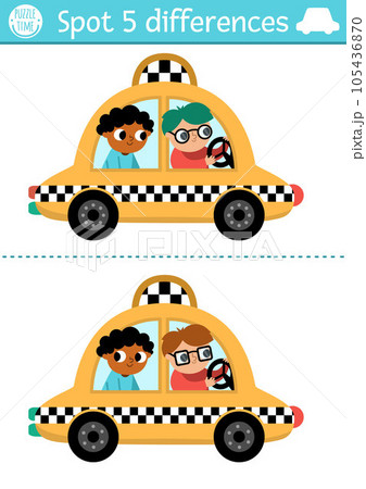 Find differences game for children. Transportation educational activity with cute taxi with passenger and driver. Cute puzzle for kids with funny transport. Printable worksheet or page with cab Find differences game for children. Transportation educational activity with cute taxi with passenger and driver. Cute puzzle for kids with funny transport. Printable worksheet or page with cab 105436870