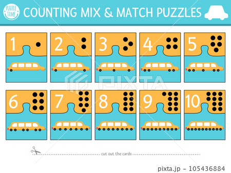 Vector transportation mix and match puzzle with cute limousine and wheels. Matching math activity for preschool children. Educational printable counting match up game for kids with limo car Vector transportation mix and match puzzle with cute limousine and wheels. Matching math activity for preschool children. Educational printable counting match up game for kids with limo car 105436884
