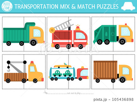 Vector transportation mix and match puzzle with cute trucks. Matching transport activity for preschool kids with lorries. Educational printable city vehicles game Vector transportation mix and match puzzle with cute trucks. Matching transport activity for preschool kids with lorries. Educational printable city vehicles game 105436898