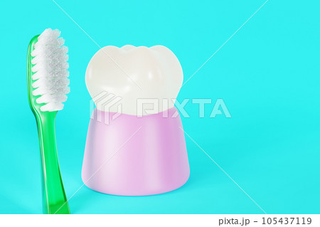 歯と歯ブラシの3Dイラスト:歯ブラシで口腔ケア 歯と歯ブラシの3Dイラスト:歯ブラシで口腔ケア 105437119