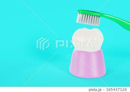 歯と歯ブラシの3Dイラスト:歯ブラシで口腔ケア 歯と歯ブラシの3Dイラスト:歯ブラシで口腔ケア 105437120