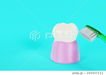 歯と歯ブラシの3Dイラスト:歯ブラシで口腔ケア 歯と歯ブラシの3Dイラスト:歯ブラシで口腔ケア 105437121