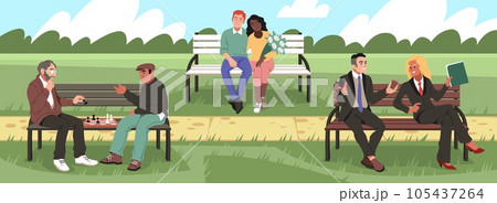 People on benches. Motley audience resting in park, romantic couple, business meeting, chess players, outdoor pastime, wooden seating in park tidy vector cartoon flat isolated concept 105437264