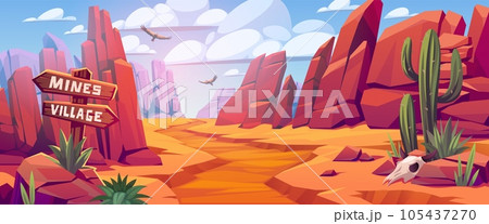 Desert landscape. Canyon panorama, cartoon rocks and stones, eagles in the sky, cacti and succulents, arid climate zone. Horizontal banner template. Wild west background. Tidy vector concept 105437270